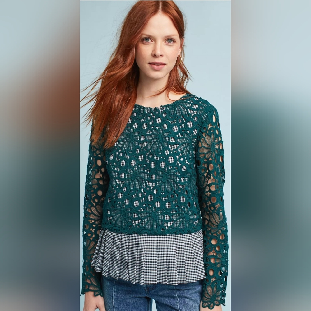 Anthropologie Maeve Gabriella Green Lace Peplum Blouse